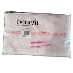 NWT Benefit Cosmetics Pink “Pink Is My Happy Place” Flat Zip Bag Satin Lined